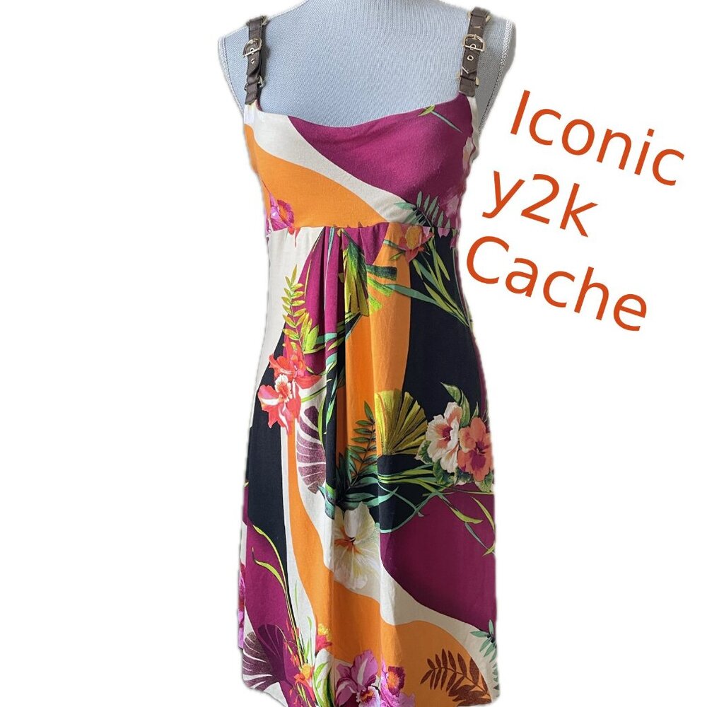 Cache Y2k Tropical Print Dress With Buckle Straps… - image 1